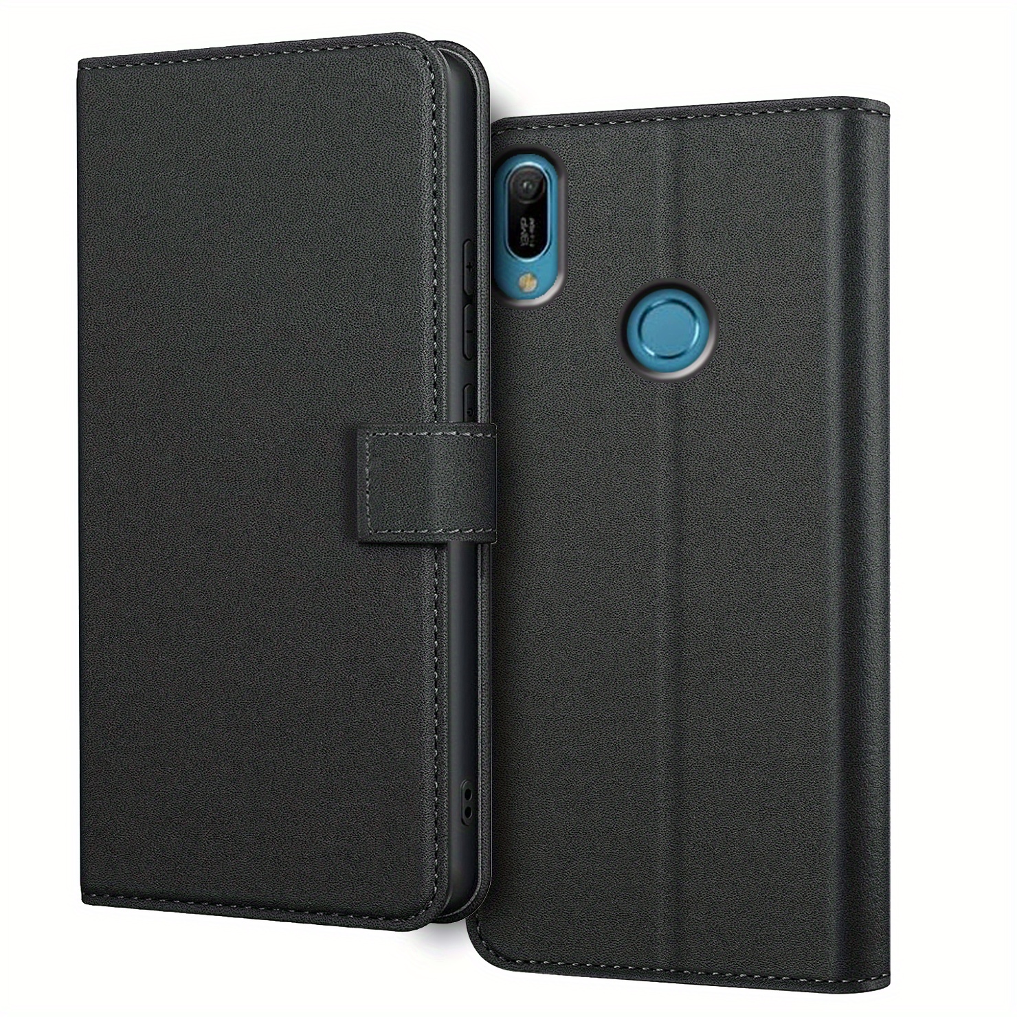 TEMU Etui na telefon - do 2019 / Y6S 2019 / Honor 8A, czarne etui z podstawką, sztuczna skóra, przegródka na karty, czarny portfel, ochronne etui z