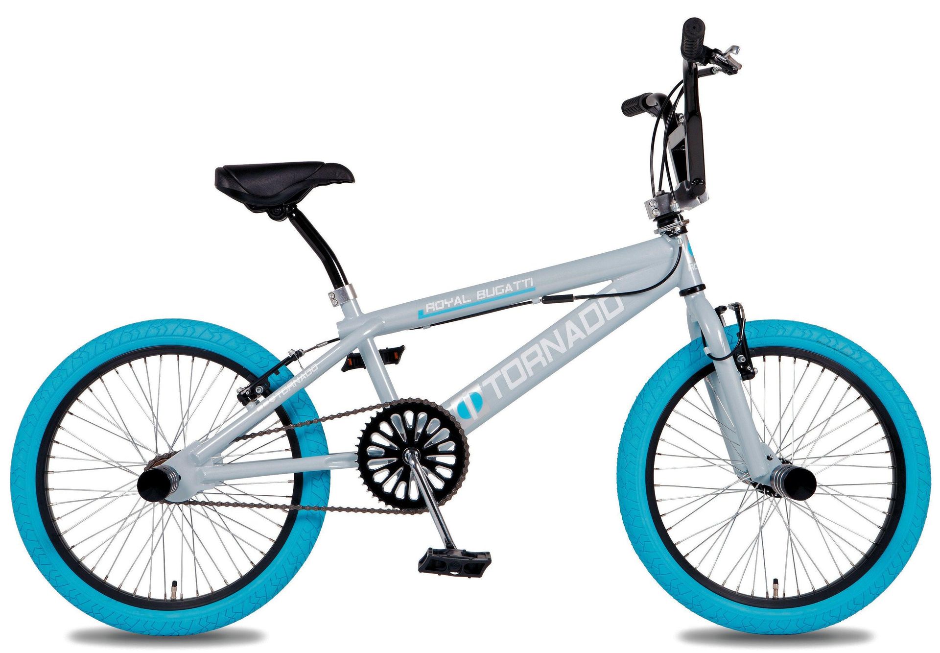 Royal 20 BMX Freestyle Bugatti jasnoszaro-niebieski z niebieskimi oponami