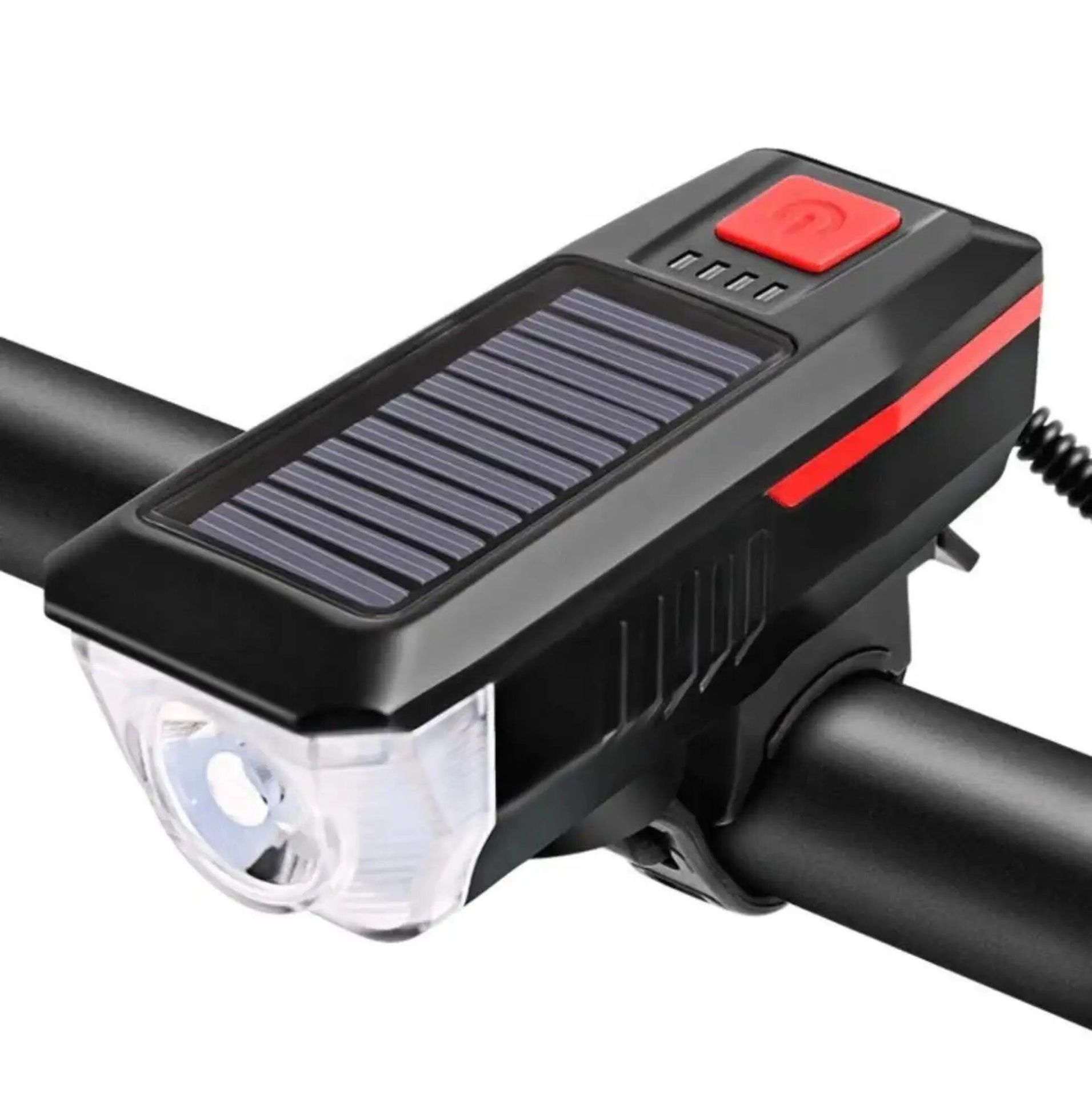 Przednia lampka rowerowa solarna i USB – 350 lumenów, klakson 120 dB