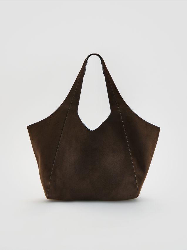 Reserved - Torebka shopper z imitacji zamszu - ciemnobrązowy