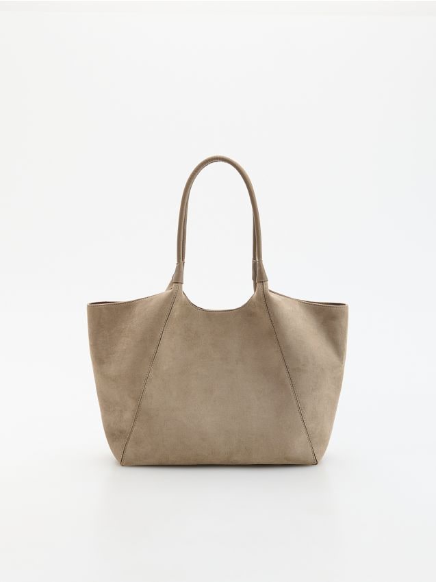 Reserved - Torebka shopper z imitacji zamszu - beżowy