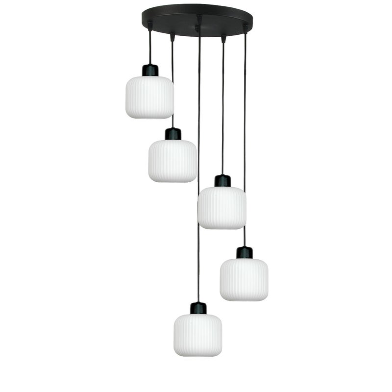 Lampa wisząca sufitowa czarna 5 punktowa do salonu BEKA BIANCO białe klosze 5xE27 Edylit