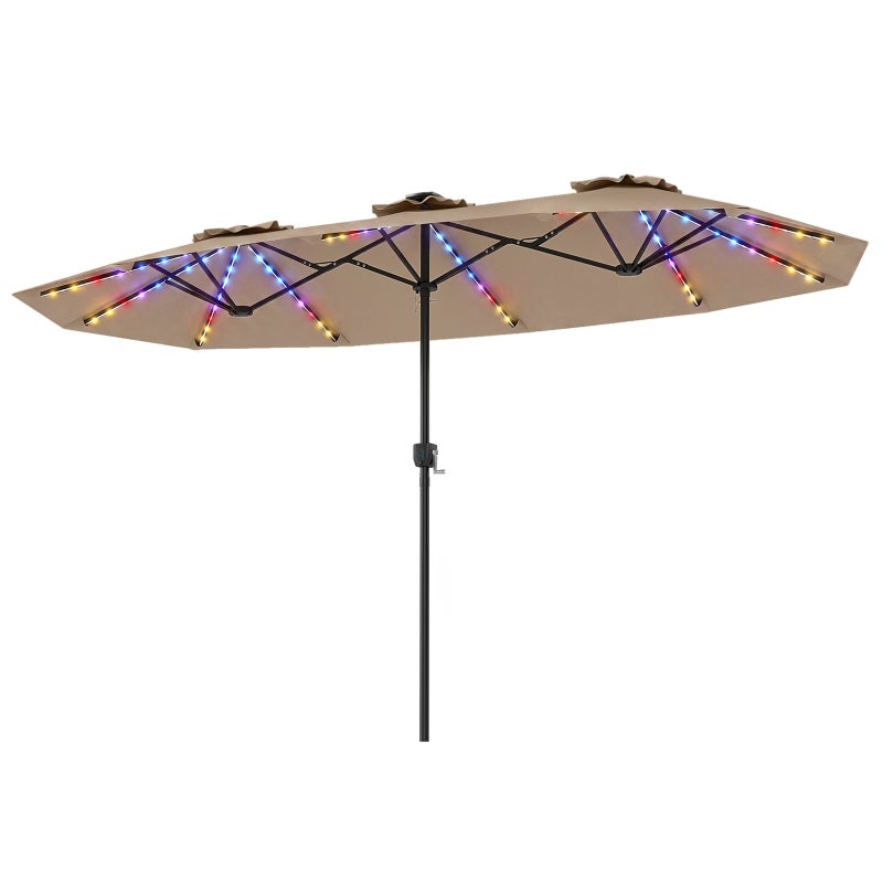Podwójny parasol ogrodowy 400 x 210 cm, duży prostokątny parasol z diodami LED, wygodna korba, metalowy słupek z wentylacją, 12 żeber, brązowy