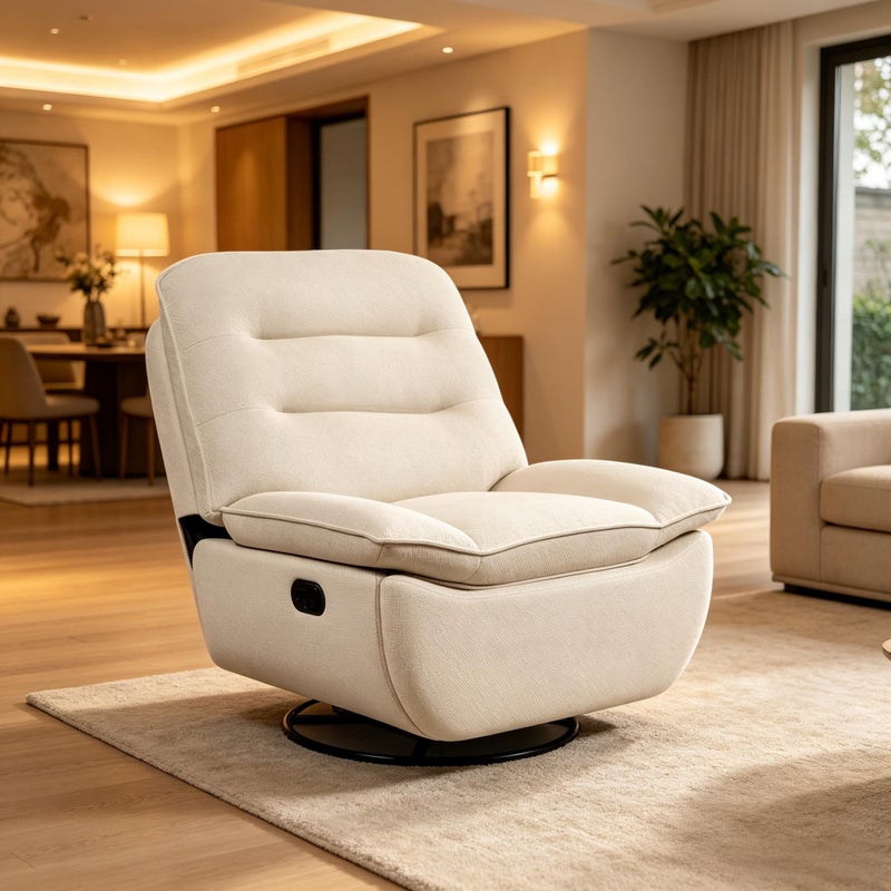 Miękkie krzesło relaksacyjne, Sofa z leżakiem, Nowoczesna sofa, Fotel bujany, Sofa do salonu, Fotel, Beżowy, Bawełna, Tkanina, Gąbka, Stal