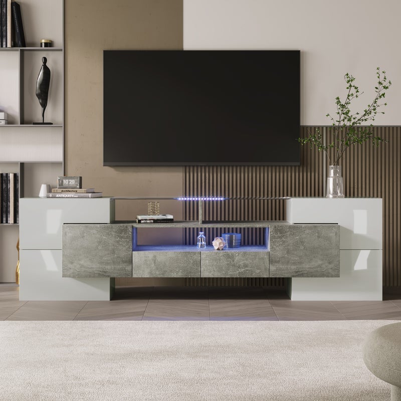 Stylowa szafka RTV, niska szafka.biały wysoki połysk, 200 cm, oświetlenie LED, meble do salonu. nowoczesny design. elegancka szklana powierzchnia