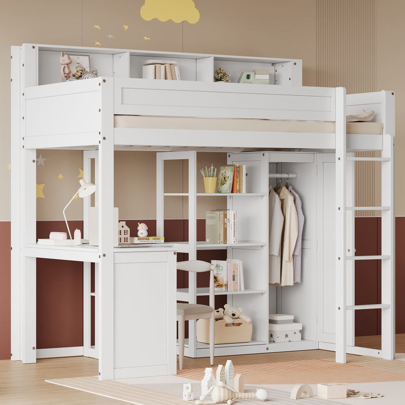 Łóżko antresola z drewna sosnowego i płyty MDF - 90x200 cm - z półkami powyżej、biurko i szafa - Biały