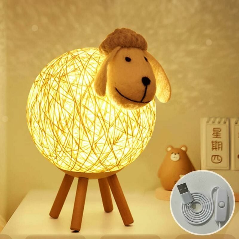 2 szt.-Lampka nocna LED, Lampa nocna Owca z Rattanu, Lampka Nocna Dziecięca Projektor, Lampka Nocna LED, 110 cm USB/Przyciskowy Włącznik