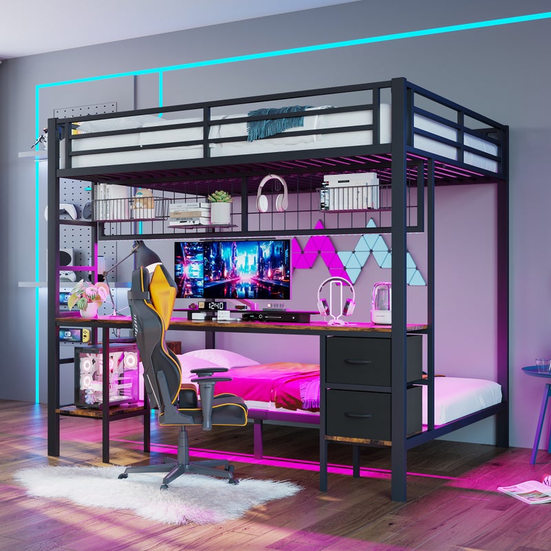 Łóżko Piętrowe Mezzanine 140x200cm Czarne z Biurkiem, Szufladami, Półkami, Kratką do Zawieszania, Listwą LED 7 Kolorów i Portem USB