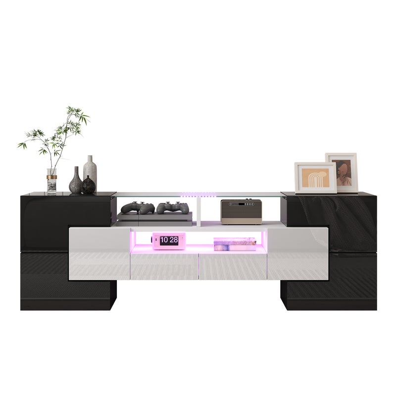 Stylowa szafka RTV, niska szafka. biały połysk, 145 cm, oświetlenie LED, meble do salonu. nowoczesny design. elegancka szklana powierzchnia