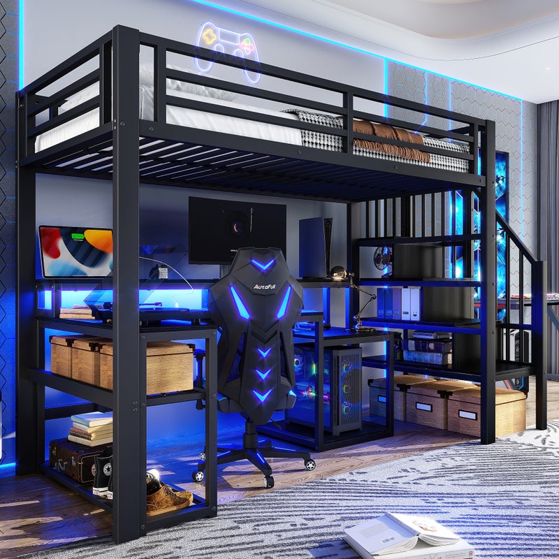Łóżko Piętrowe 90x200 cm Czarne z Metalową Ramą, Biurkiem, Schodami z Schowkiem, Oświetleniem LED i Portem USB
