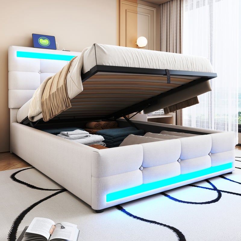 Łóżko Tapicerowane Jednoosobowe 90x200 Beżowe z Hydraulicznym Schowkiem, Paskiem LED RGB Sterowanym Aplikacją i Zintegrowanymi Portami USB