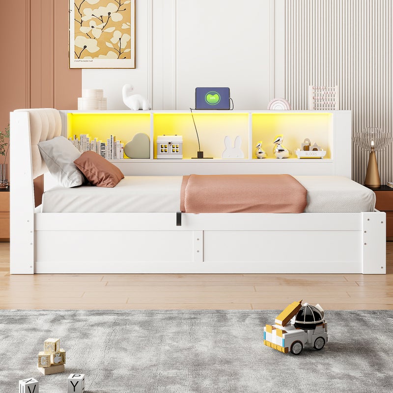 Kanapa-łóżko 90x200cm - z oświetleniem LED - z praktyczną półką do przechowywania - z portem USB - biała (materac nie w zestawie)