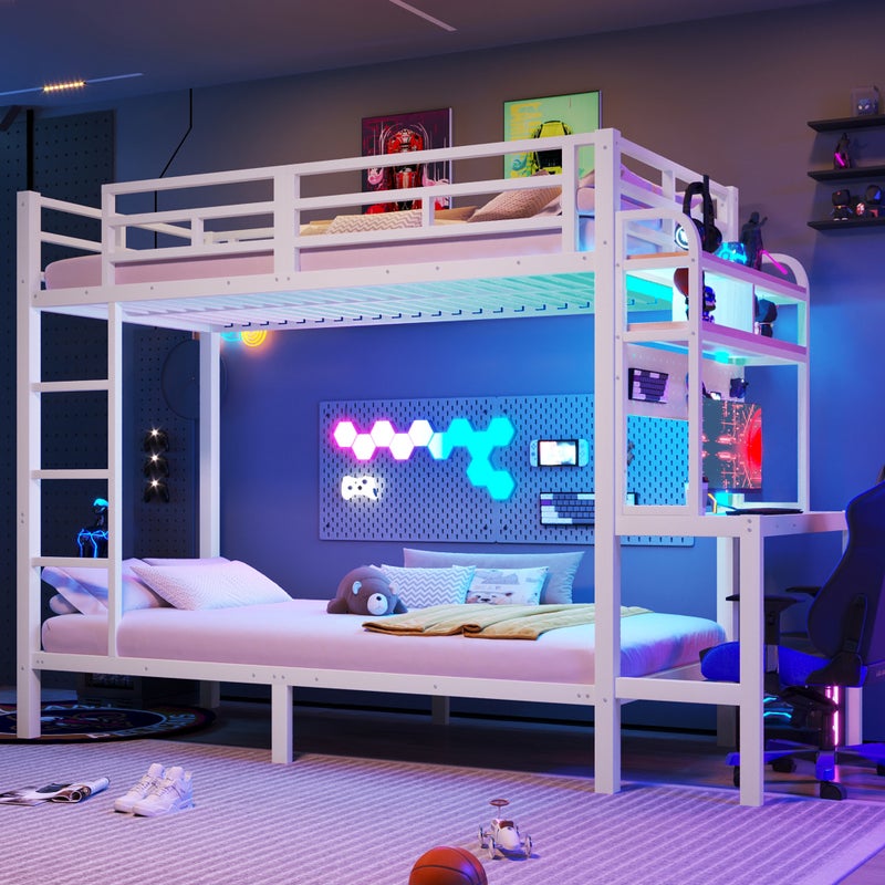 Łóżko piętrowe 90 x 200 cm - Konstrukcja żelazna - Schowki - Biurko - Oświetlenie LED - Port USB - biały (materac nie wliczony w cenę)