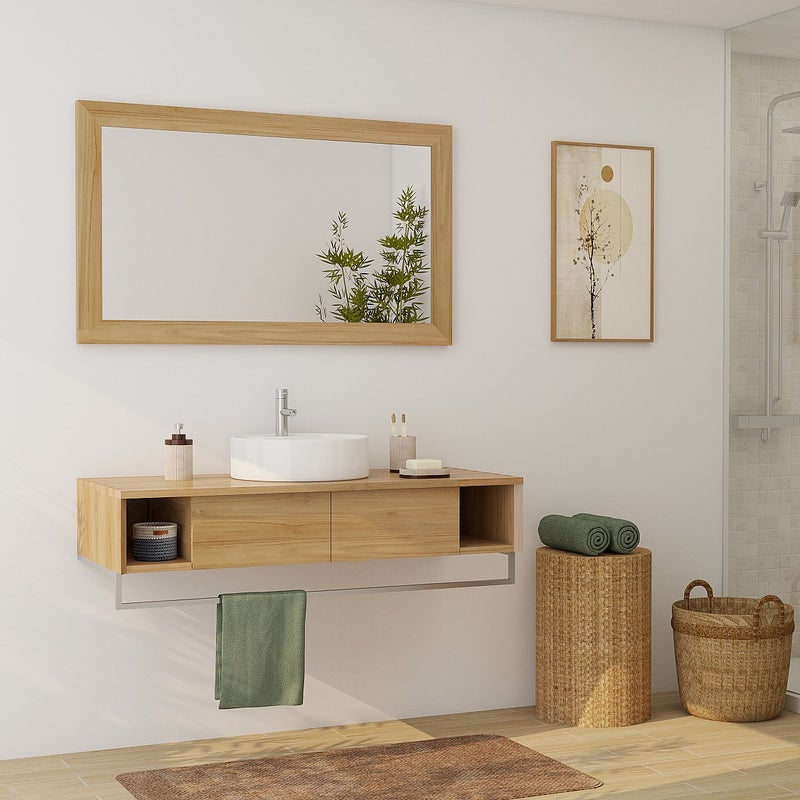 Podwieszana szafka łazienkowa z drewna tekowego z wieszakiem na ręczniki i okrągłą ceramiczną umywalką nablatową - 120 cm - KUPANG
