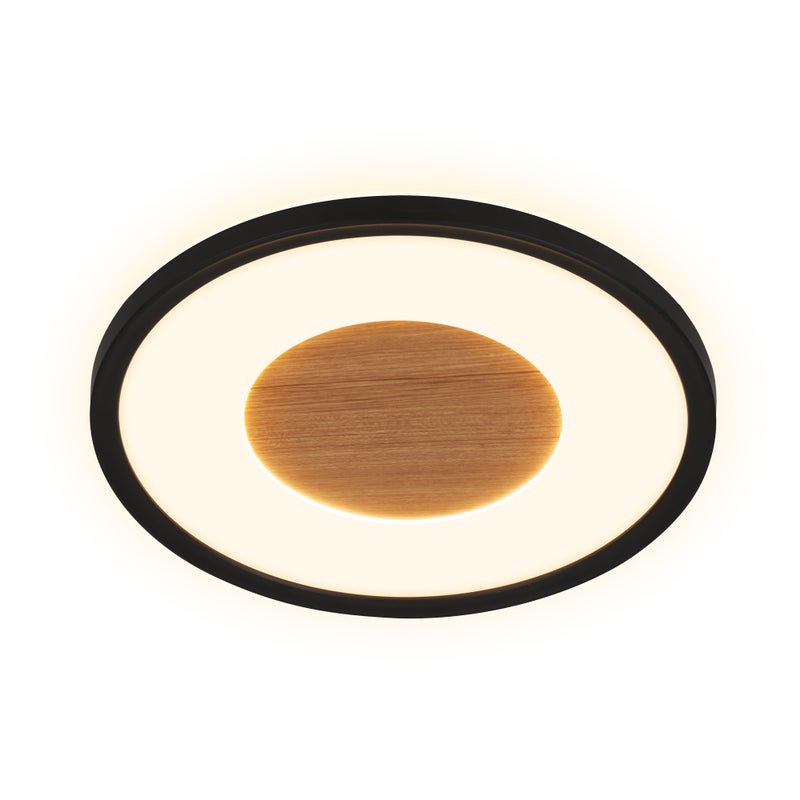 Lampa sufitowa LED - z wykończeniem drewnianym - IP20 - śr. 290 x 30 mm - 3000 K - 18 W / 2400 lm - czarna i drewniana - z podświetleniem - Briloner
