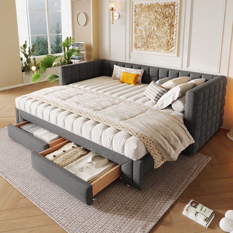 Łóżko Wysuwane 90x200cm (rozsuwane do 180cm Queen Size), Sofa Rozkładana Welurowa Szara z Kwadratowym Oparciem i 2 Szufladami, Bez Materaca