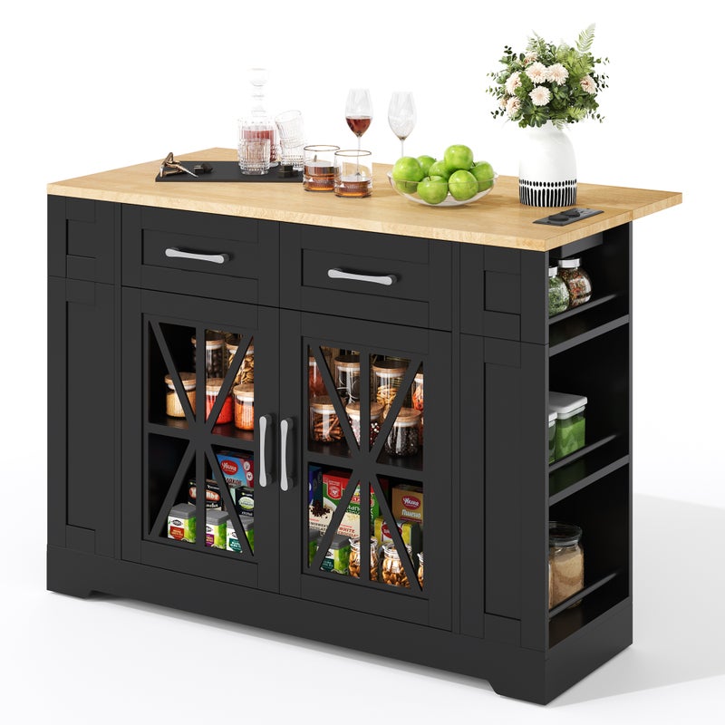 Przenośna wyspa kuchenna 120cm ze składanym stołem, otwartą półką, portem AC, portem USB, szklanymi drzwiami, regulowanym laminatem