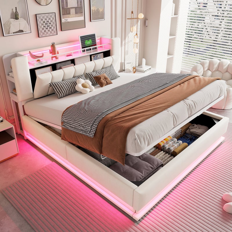 Inteligentne Łóżko Tapicerowane 180x200 cm, LED, USB, Schowek Hydrauliczny, Aksamit Beżowy