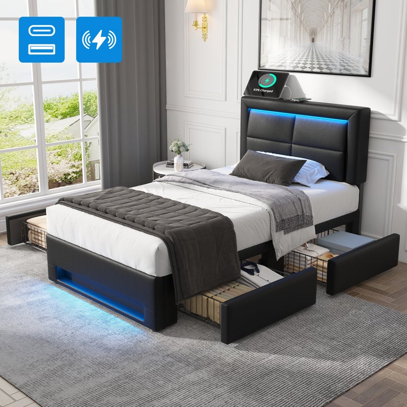 Łóżko Tapicerowane 90x190 cm, z USB (Bezprzewodowe i Przewodowe), Oświetleniem LED i 4 Szufladami, PU Czarny