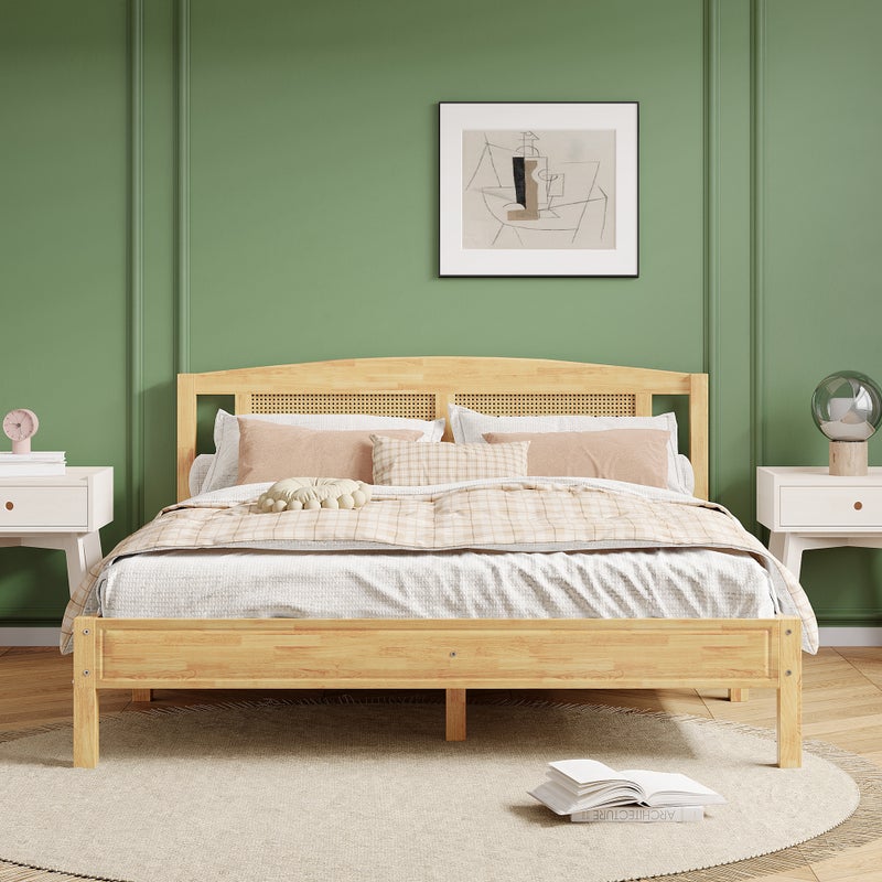 Łóżko Podwójne Rattanowe Naturalne 160x200cm - Sosna & Rattan PE - 15 Solidnych Listew i Nogi Centralne