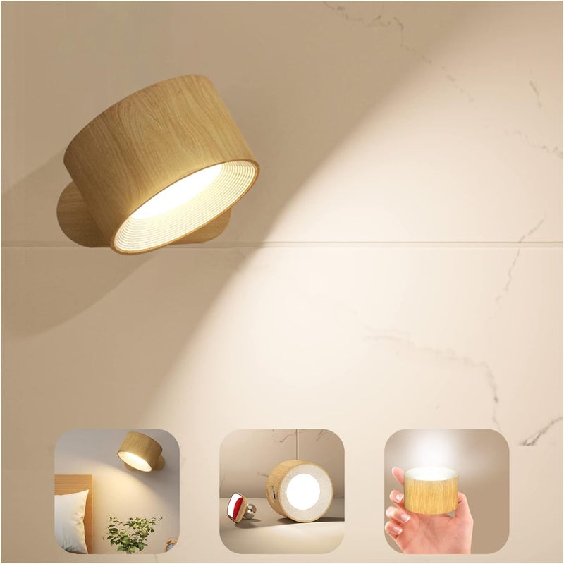 Kinkiet w kolorze drewna, 7,5 x 7,5 x 4,5 cm, 1 trójkolorowa lampa, ładowanie za pomocą magnetycznej kuli, plastik, sterowanie dotykowe, lampka nocna