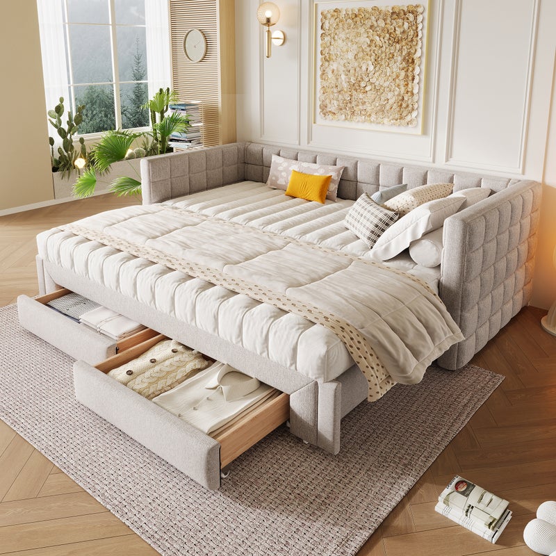 Leżanka, kanapa, 90 x 200cm, rozkładana sofa z kwadratowym oparciem, łóżko rozkładane (rozkładane do 180 rozmiarów queen), 2 szuflady, bez materaca