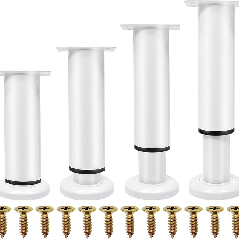 Zestaw 4 regulowanych nóżek meblowych od 25 do 42 cm, solidne metalowe nóżki zamienne ze śrubami do ramy łóżka, szafy (białe)