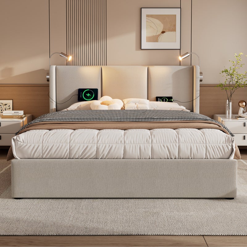 Łóżko podwójne z pojemnikiem 180x200 cm - Z miejscem do przechowywania - Z lampką do czytania LED - Z 2 portami USB do ładowania - Len - Beżowy