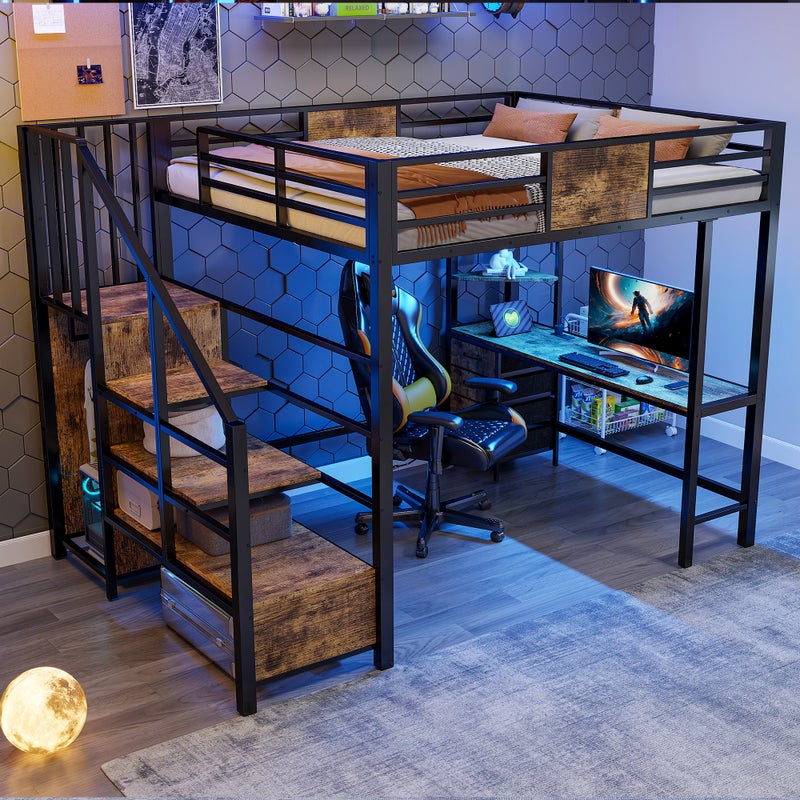 Łóżko na antresoli z metalu 140x200 cm - z biurkiem - przegródki do przechowywania - wieszak - oświetlenie LED + gniazdko elektryczne - czarny