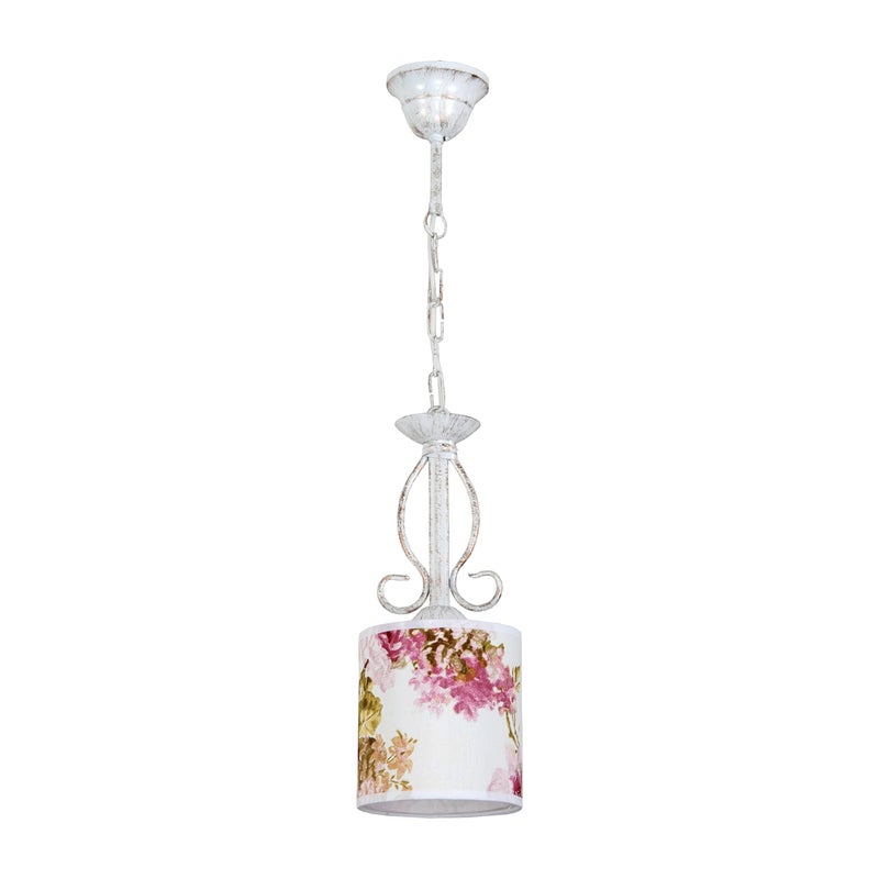 Lampa wisząca biała pojedyncza MORGANA do jadalni vintage abażur w kwiatki E27 Edylit