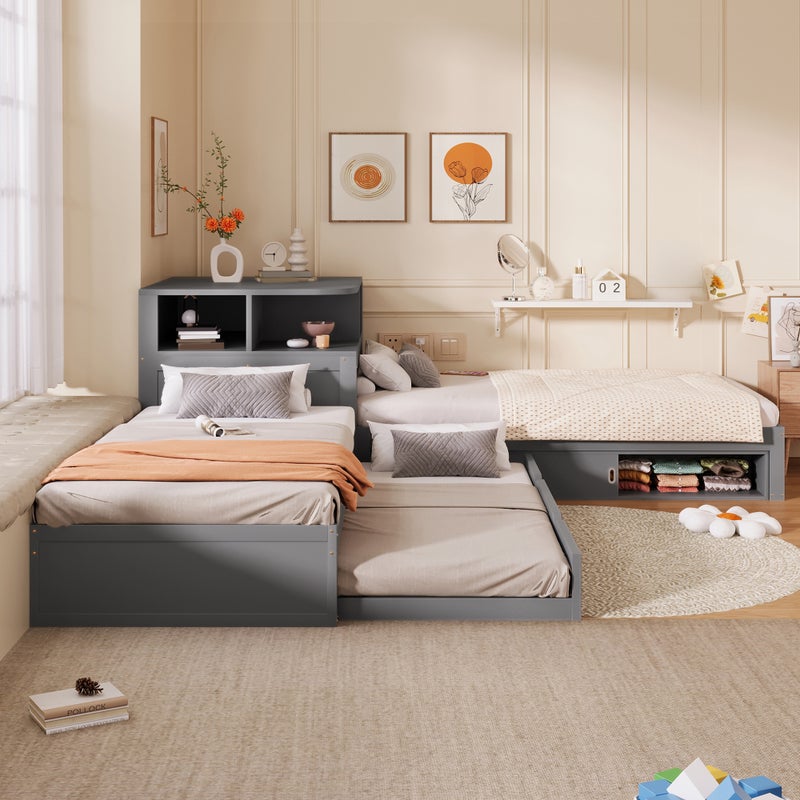 Łóżko platformowe w kształcie litery L 90x200 cm – łóżko wysuwane, schowek z drzwiami przesuwnymi, LED, płyta MDF i sosna – szare