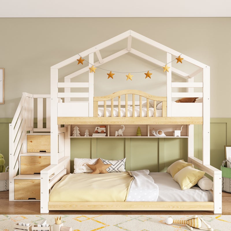 Łóżko piętrowe 90x200 cm + 140x200 cm - design domku - z drabinką z miejscem do przechowywania i półkami - lite drewno + MDF - biały + naturalny
