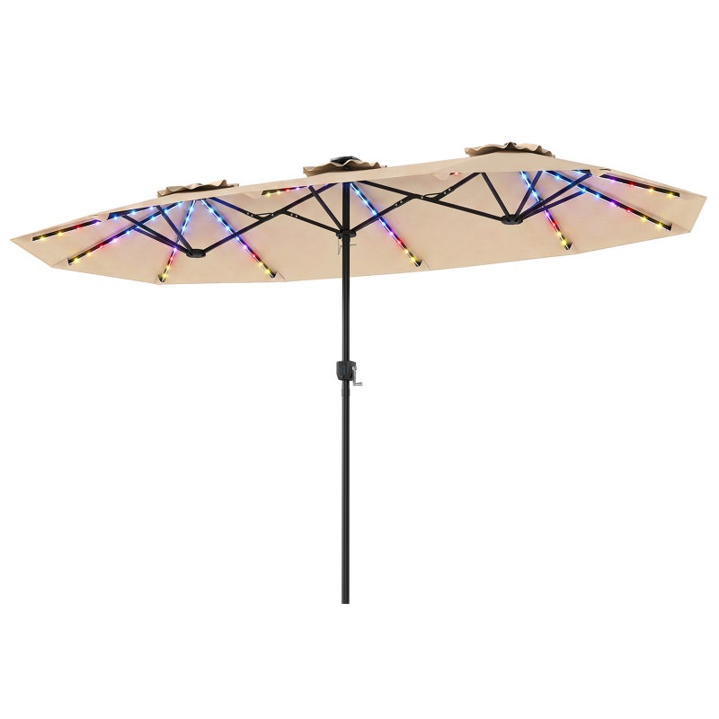 Podwójny parasol ogrodowy 400x210 cm, prostokątny z LED, uchwyt korbowy, metalowy drążek, 12 żeber, beżowy