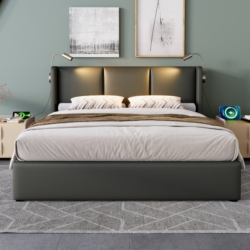 Łóżko podwójne z pojemnikiem 180x200 cm - Z miejscem do przechowywania - Z lampką do czytania LED - Z 2 portami USB do ładowania - PU - Szary