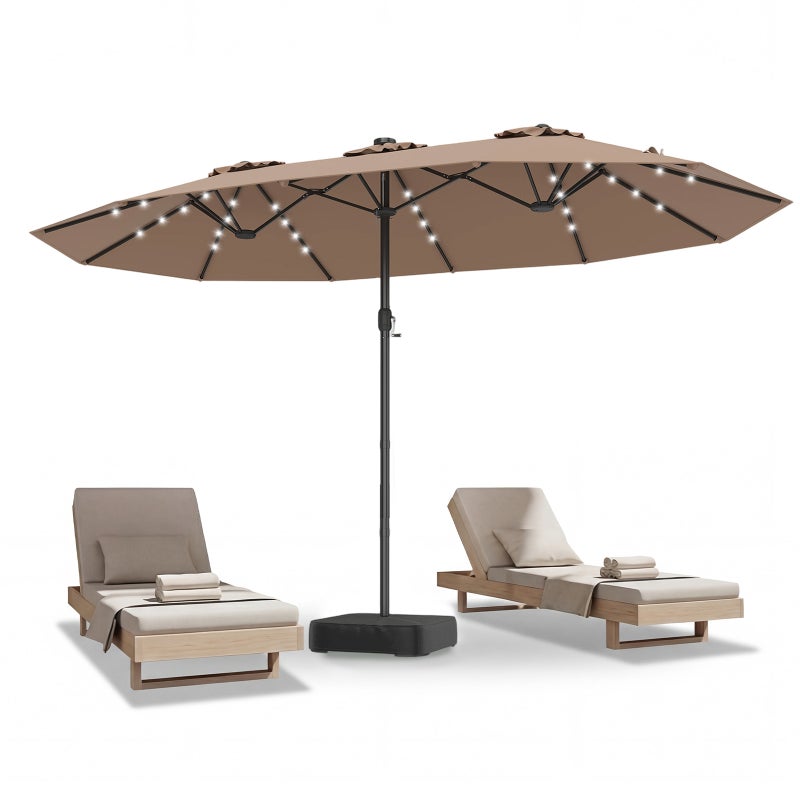 Parasol ogrodowy, 460 x 285 cm, podwójny prostokątny parasol, z korbką i Zamykany, 48 diod LED, z podstawą, brązowy