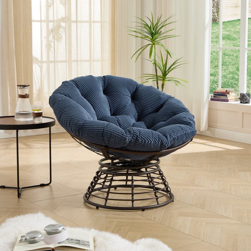 Wygodne, ergonomiczne wiklinowe krzesło Papasan, obrotowe 360° wewnętrzne krzesło rattanowe do użytku na zewnątrz z miękką grubą poduszką