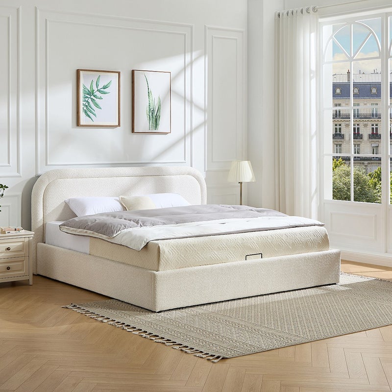 Łóżko ze skrzynią 180 x 200 cm - Tkanina bouclé - Beżowe + Materac – FIDOZIA