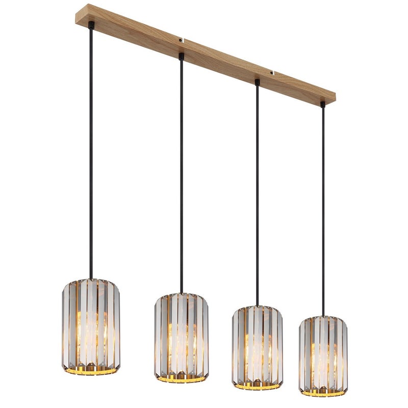 Lampa sufitowa wisząca Globo Run K5 z efektem drewna, kryształy dymione, 4 żarówki E27