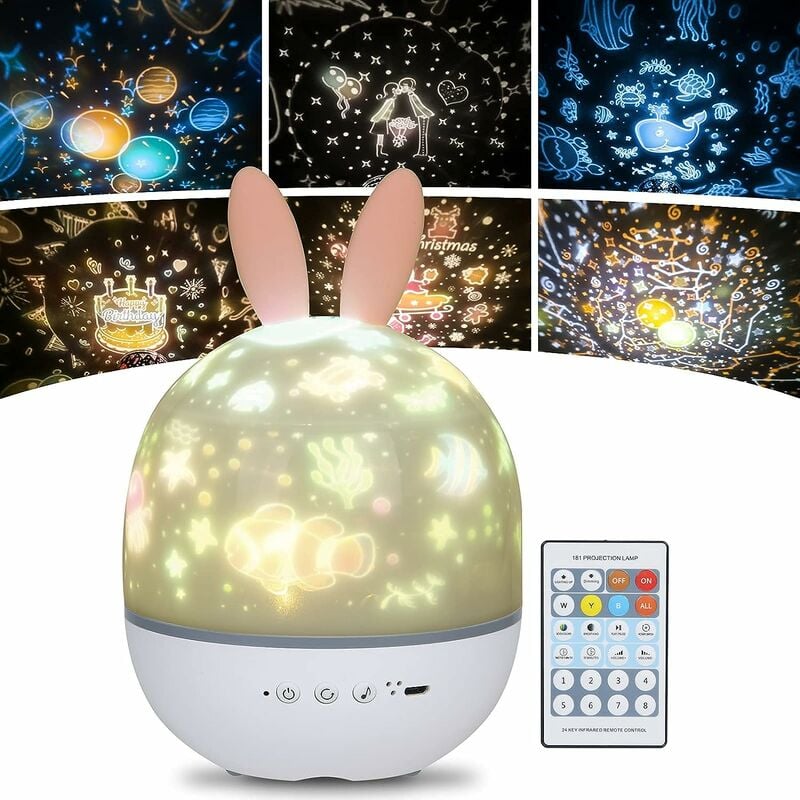 Lampka nocna dla dzieci, projektor gwiazd z 360° obrotem, lampka muzyczna + timer + zdalne sterowanie + 6 kolorów, LED lampka nocna na gwiaździste nie