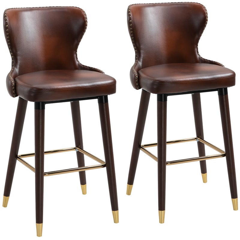 Zestaw 2 eleganckich krzeseł bistro z podnóżkiem i oparciem, krzesło do jadalni PU brązowy 52x53x101cm, krzesło kuchenne, brązowy, drewno