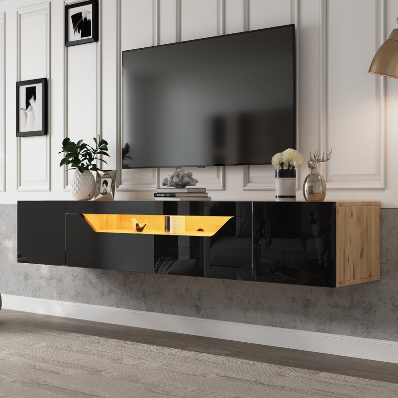 180*37*36cm Szafka RTV z 3 półkami, niska szafka, pływająca deska do zawieszania, Szafka RTV na wysoki połysk z oświetleniem LED, stolik RTV