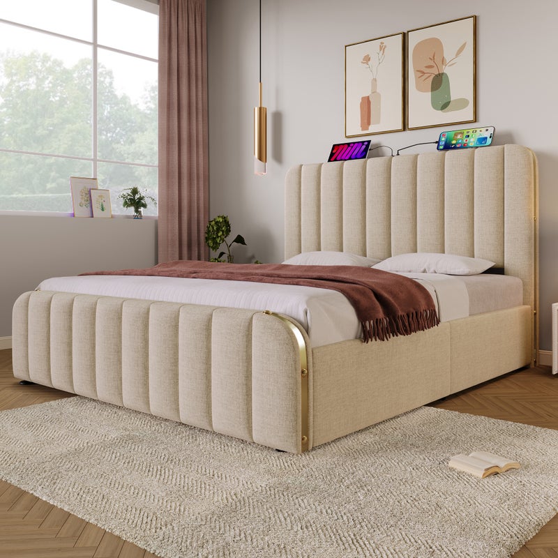 Łóżko z szufladami 140x190 cm z tkaniny lnianej - z ładowaniem USB i Type-C - ozdobione złotymi paskami - Beżowy (bez materaca)