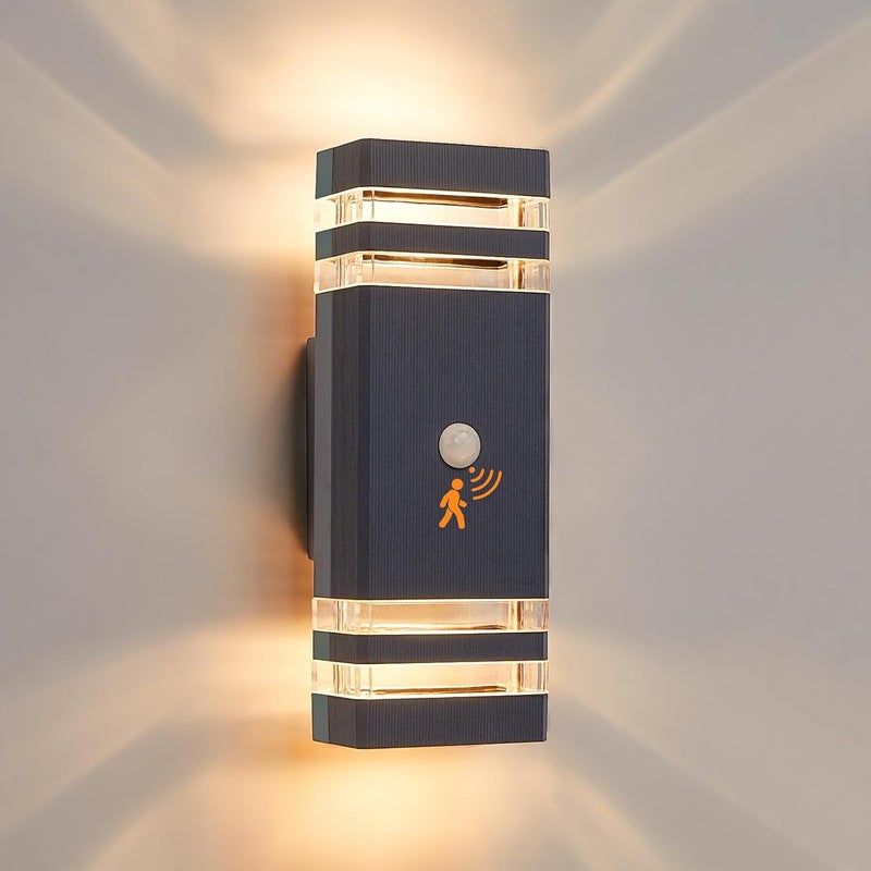 Zewnętrzna lampa ścienna LED z czujnikiem ruchu, wodoodporna IP65, gniazdo GU10, 3000K, oświetlenie pośrednie (góra/dół), antracyt