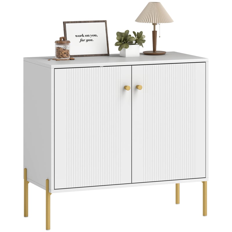 Szafka bufetowa, mebel do przechowywania z podwójnymi drzwiami ryflowanymi, regulowana półka, nogi stalowe, 80 x 39,1 x 76 cm, kolor biały