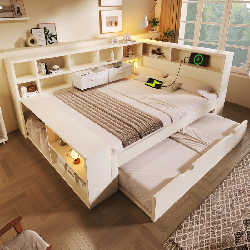 Łóżko ze schowkiem 140x200 w kolorze białym, drewniane łóżko z łóżkiem rozkładanym, 8 schowkami i portami ładowania USB/Type-C - oszczędzające miejsce