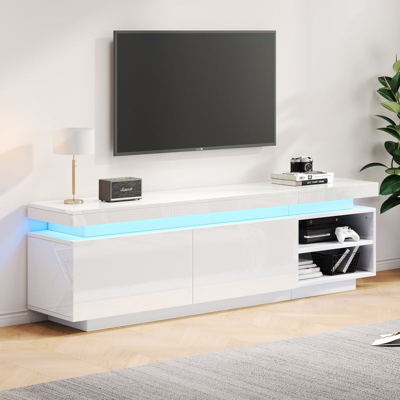 Nowoczesna niska szafka RTV na wysoki połysk z oświetleniem LED, szafka pod TV, komoda pod TV, odpowiednia pod telewizory 70 cali, stół