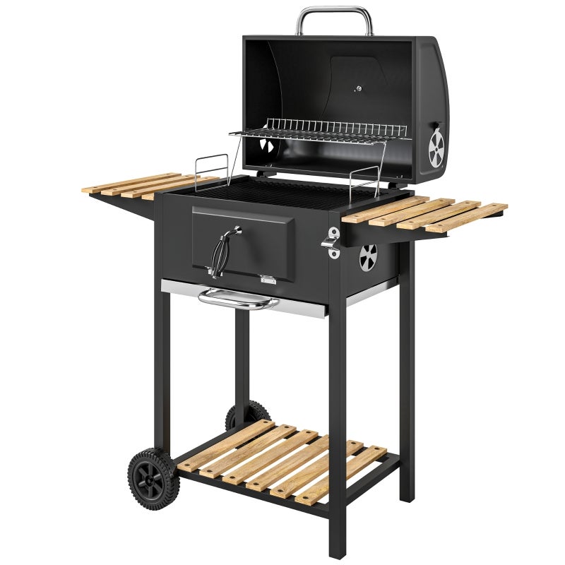 Grill węglowy ze stali nierdzewnej, mobilny wózek do grilla z pokrywką, termometr, ruszt do grilla, kółka, regulowany uchwyt, taca na węgiel