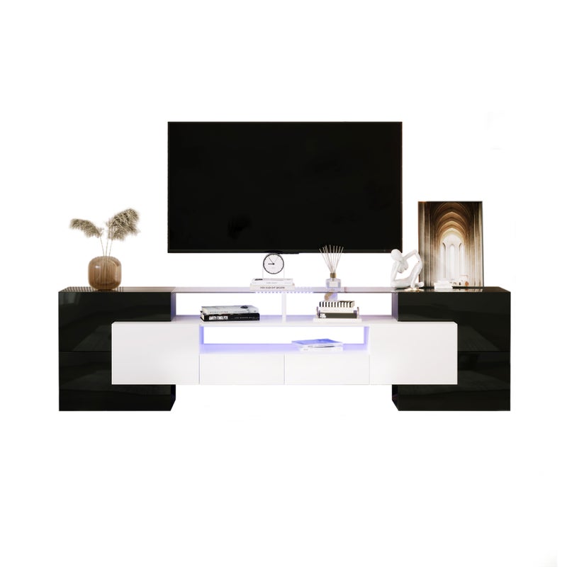 Stylowa szafka RTV, niski panel. Meble do salonu z oświetleniem LED w kolorze białym i czarnym o wysokim połysku 200 cm. Nowoczesny design. Elegancka