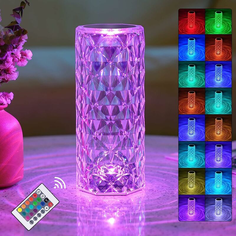 Prosta lampa stołowa LED z kryształami akrylowymi, diamentowa lampka nocna dotykowa i z pilotem [16 kolorów, 4 tryby] z pilotem, RGB zmieniające kolor