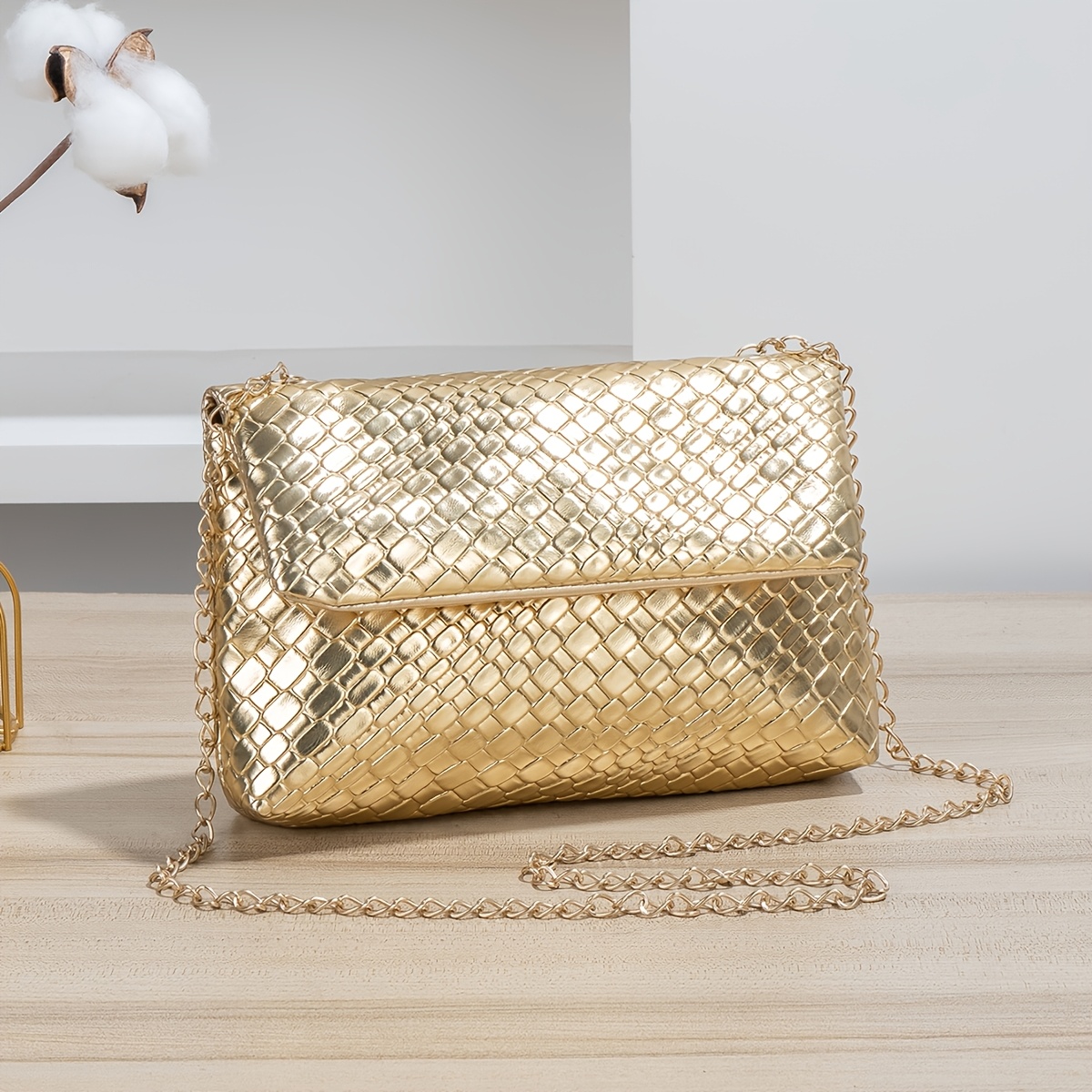 TEMU Ekskluzywna Torba Damska Crossbody, Mini Torba na Ramię z Tekstury Plecionej w Złotym Kolorze dla Kobiet, Modna Torba na Łańcuszku, Idealna dla